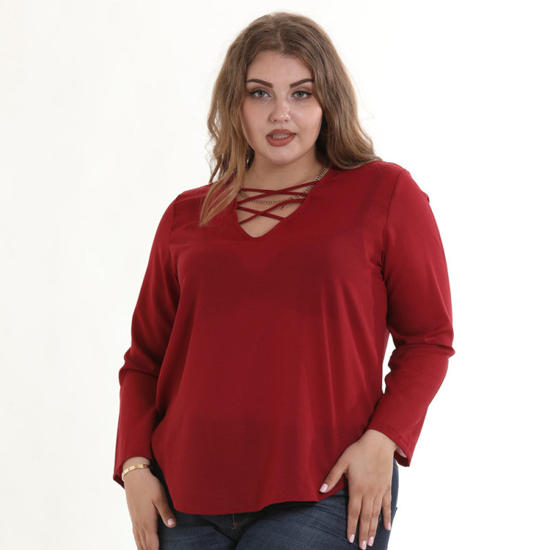 Casual Lady Solid Color Lace-up Collar Design Plus Size T-shirt