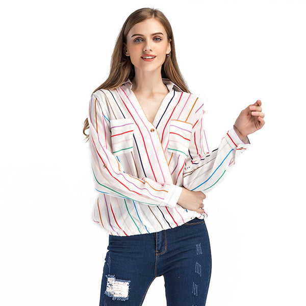 Hot Sale Multicolor Stripes Pattern V Neck Women Casual Blouse