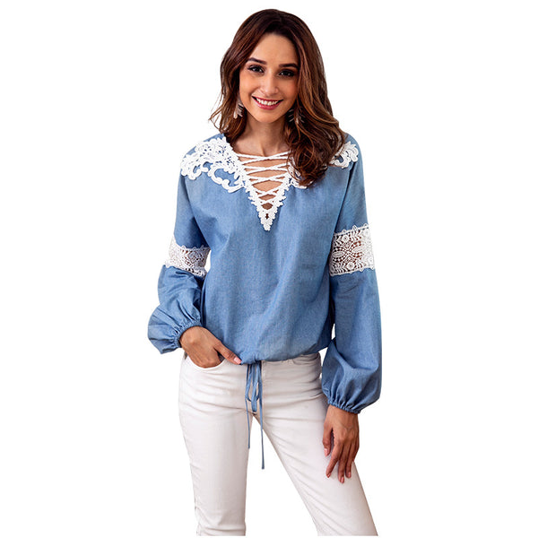 Hot Sale Sweet Women Lace Denim Blue Fabric Patchwork Lantern Sleeves Blouse