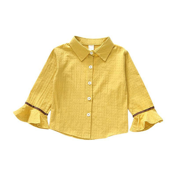 Girls Cotton Flare Sleeves Solid Color Buttons Blouse