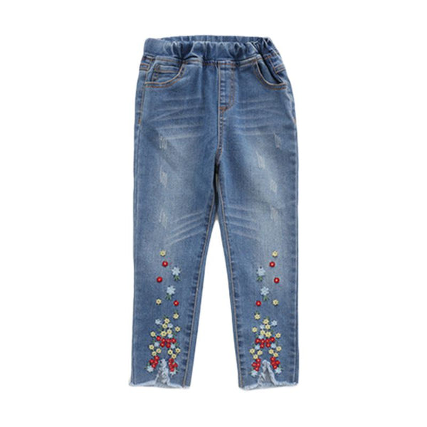 Girls Fresh Floral Embroidered Casual Jeans