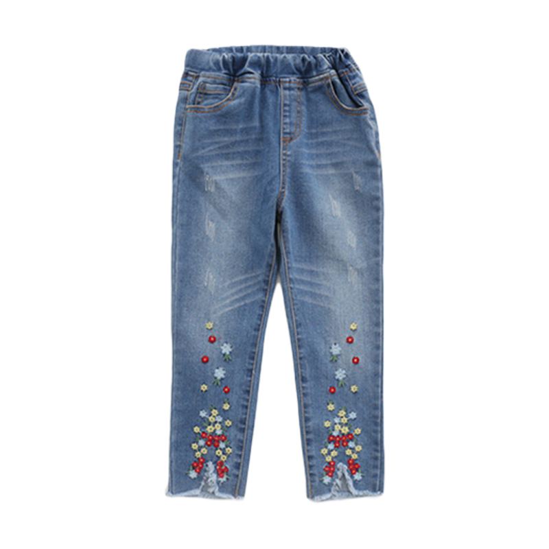 Girls Fresh Floral Embroidered Casual Jeans