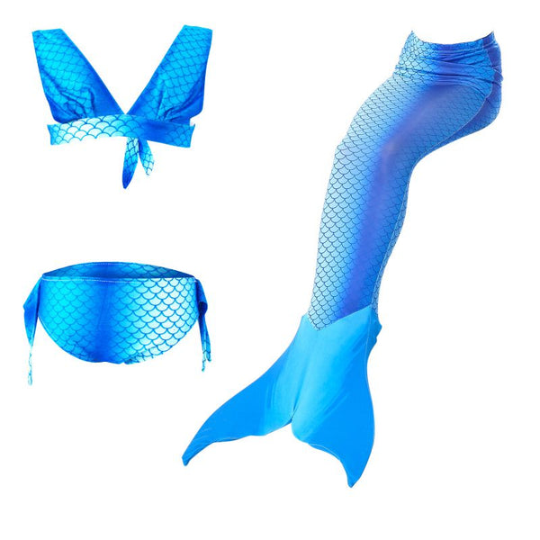 3 Pcs Girls Solid Color Scale Printed Mermaid Tail Swimwears