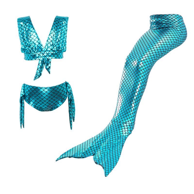 3 Pcs Girls Solid Color Scale Printed Mermaid Tail Swimwears
