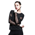 Women Loose Pattern Solid Color Mesh Patchwork Sports Top