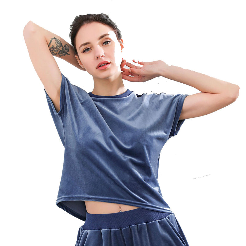 Fashion Vintage Style Velvet Fabric Short-sleeve Women Pullover Sports Top