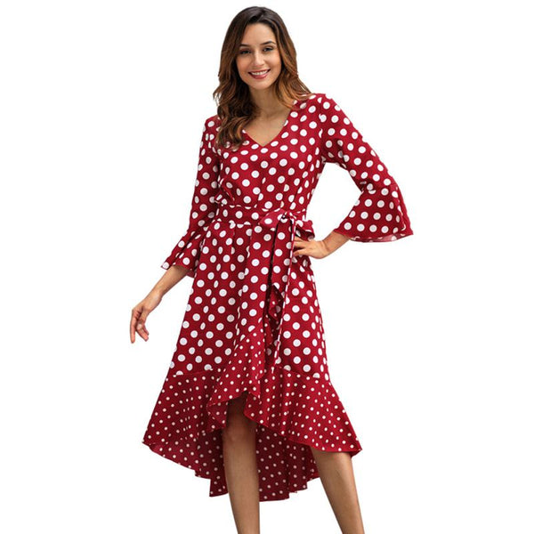 Fashion Polka Dot Printed Women Irregular Hemline Ruffles Casual Dress