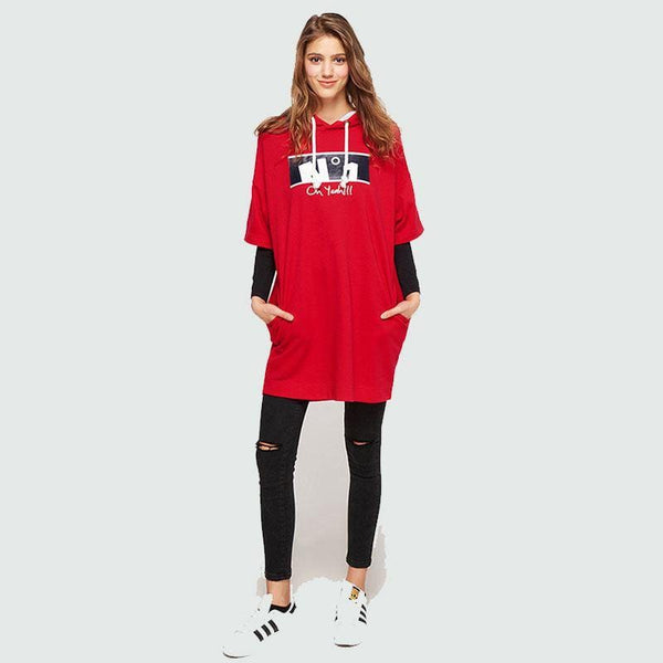 Women Fashion Street Look Unique Loose Pattern Half Sleeves Hoodies Dress