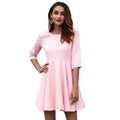 Women Elegant Solid Color Round Neck Three-quarter Sleeves Curvy Dress