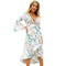 Elegant Women Unique Scarf Print V Neck Flare Sleeves Irregular Hemline Dress