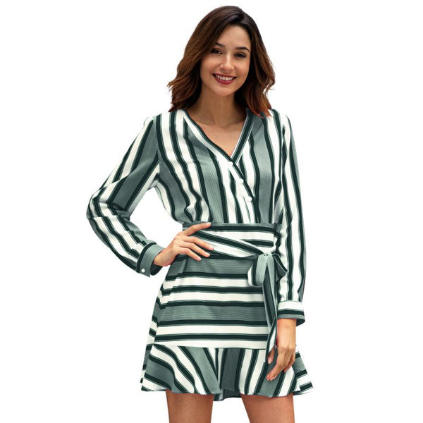 Classic Stripes Pattern Elegant Women Long Sleeves Off-duty Dress