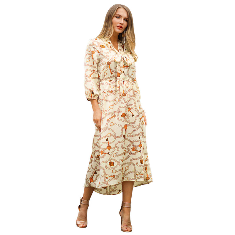 Creative Chain Print Women Elegant Long Sleeves Side-slit Maxi Dress