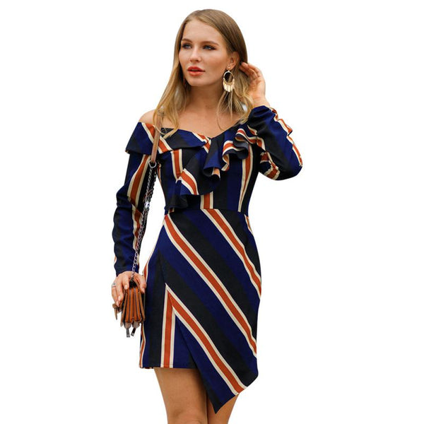 Elegant Women Irregular Neckline Design Stripes Pattern Workwear