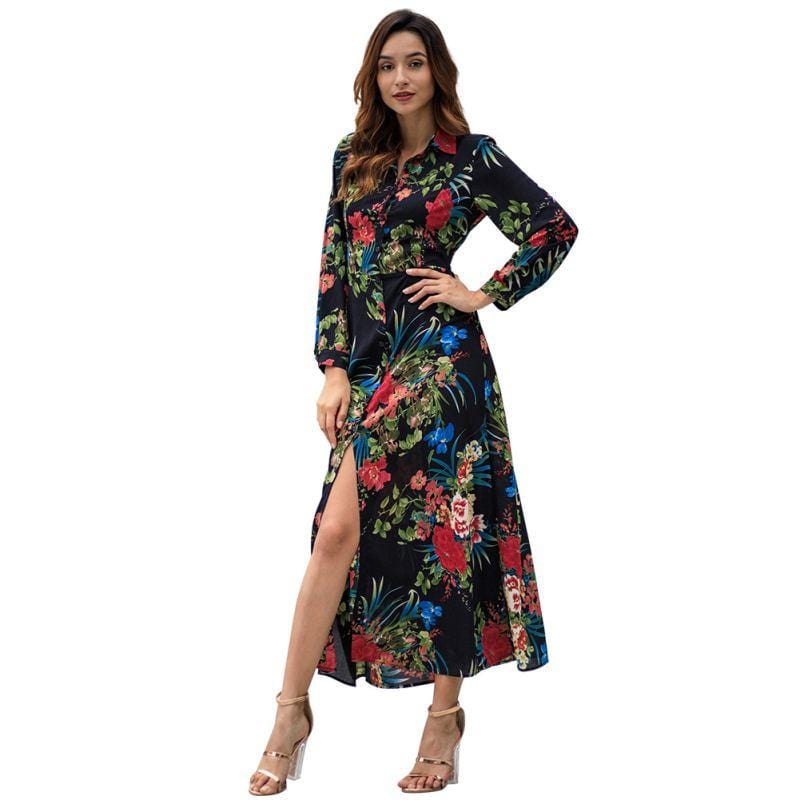 Women Early Spring Long Sleeves Floral Print Casual Maxi Dress