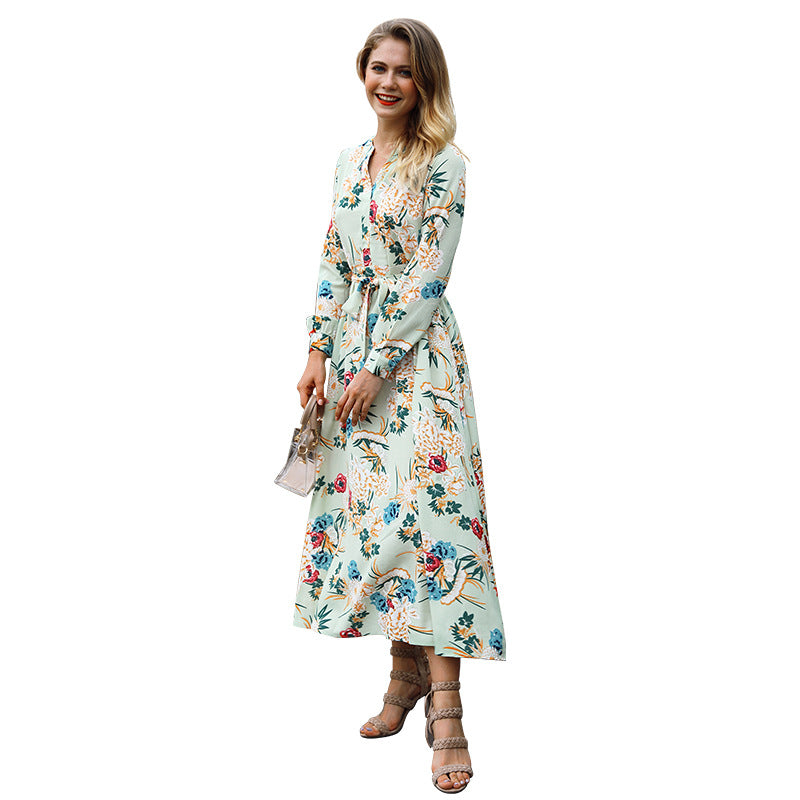 Casual Style Women Fashion Flower Print Long Sleeves Dress With Sash