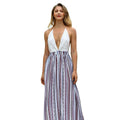 Women Classic Stripes Pattern Sexy Deep V Neck Halter Maxi Dress