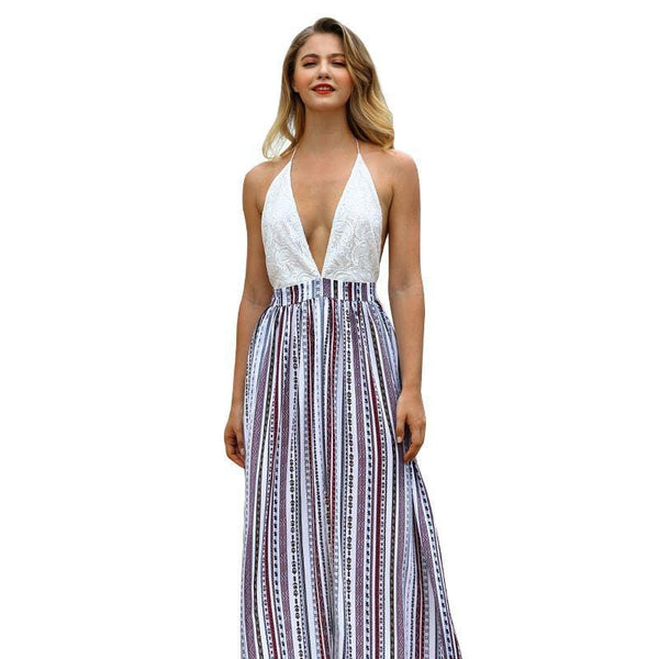 Women Classic Stripes Pattern Sexy Deep V Neck Halter Maxi Dress