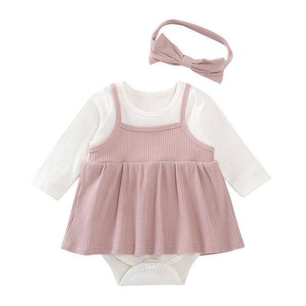2 Pcs Set Baby Girls Cotton Long Sleeves Patchwork Bodysuit With Headband