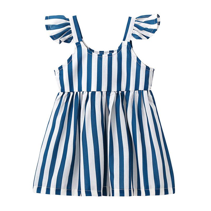Fresh Style Baby Girls Cotton Stripes Printed Ruffle Sleeves Dress