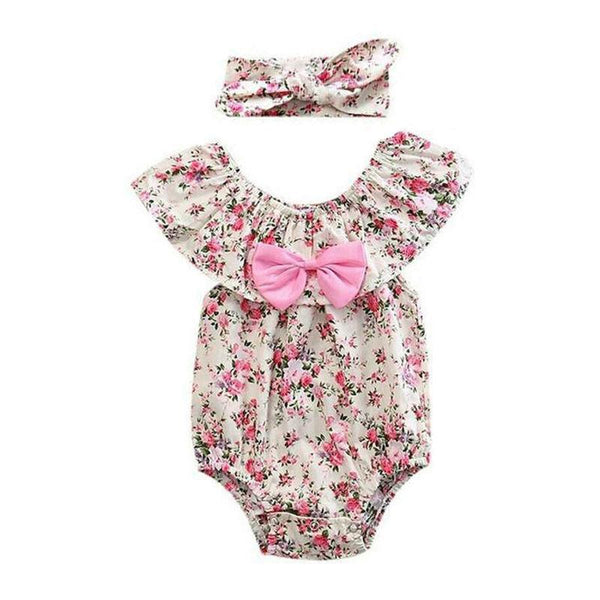2 Pcs Set Baby Girls Cotton Fresh Floral Printed Bodysuit With Headband