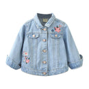 Girls Cotton Pretty Floral Embroidered Long Sleeves Button Denim Coat