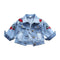 Girls Cotton Red Rose Embroidered Long Sleeves Button Denim Coat