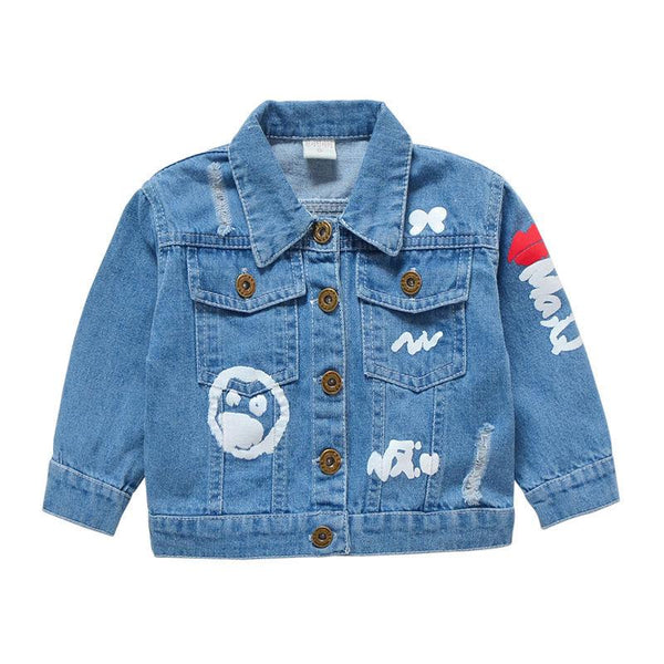 Kids Cotton Letter Printed Long Sleeves Lapel Denim Coat