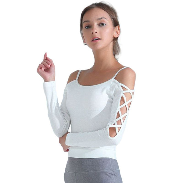 Fashion Solid Color Rib-knit Design Women Cool-shoulder Design Yoga T-shirt