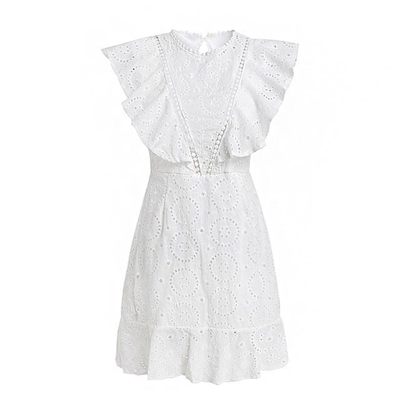 Elegant Women Sleeveless Lace Design Ruffle Pattern Mini Dress