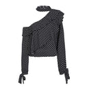 Fashion Polka Dot Pattern Women Mock Neck Asymmetric Hollow Shoulder Ruffle Blouse