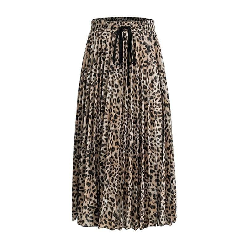 Women Fashion Sexy Leopard Print Pleated Elastic Waist Tea-length Skirt