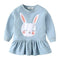 Girls Long Sleeves White Bunny Printed Patchwork Dress