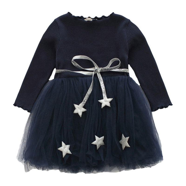 Girls Long Sleeves Knitted Lace Up Patchwork Gauzy Dress