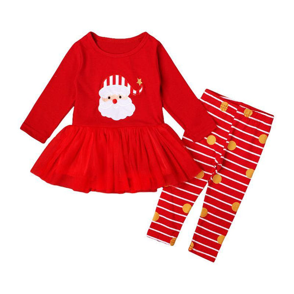 Christmas Clothing Girls Red Santa Claus Printed Patchwork Tops And Stripes Pant