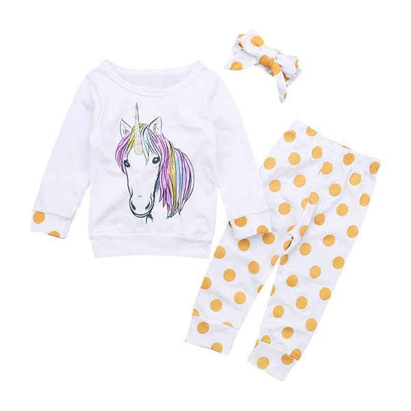3 Pcs Set Unicorn Printed Tops And Dots Printed Pants With Headband