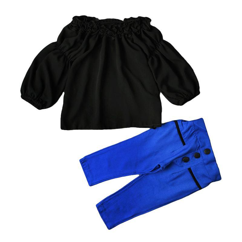 2 Pcs Set Girls Off Shoulder Black Tops And Blue Pants