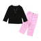 2 Pcs Set Girls Solid Color V Neck Lace Up Tops And Ripped Jeans