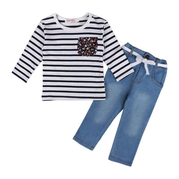 2 Pcs Set Girls Stripe Printed Long Sleeves Tops And Jeans