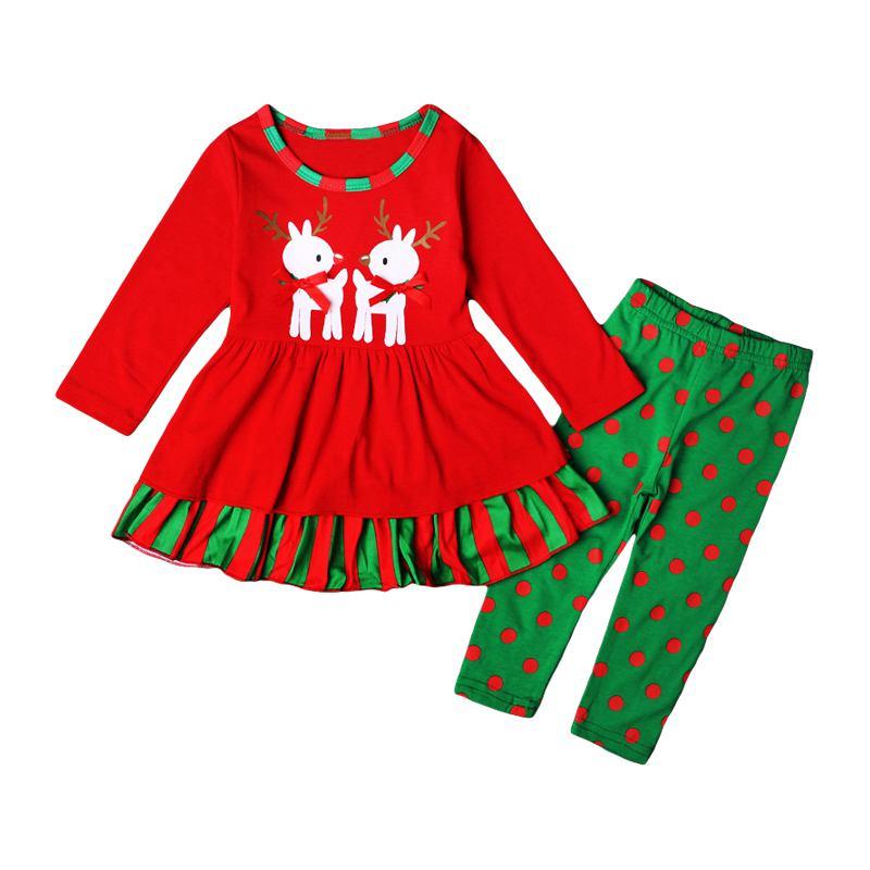 Christmas Wear Girls Cute Elk Printed Long Sleeves Tops And Pants