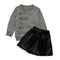 2 Pcs Set Girls Letter Printed Long Sleeves Tops And Black Leather Skirts