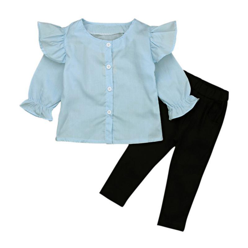 2 Pcs Set Girls Round Neck Flare Sleeves Blouse And Black Pants