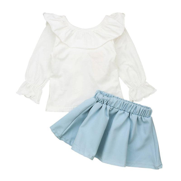 2 Pcs Set Girls White Falbala Neck Tops And Blue Elastic Waist Skirts