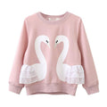 Girls Cute Swan Lovers Printed Long Sleeves Chiffon Patchwork Cotton Sweatshirt