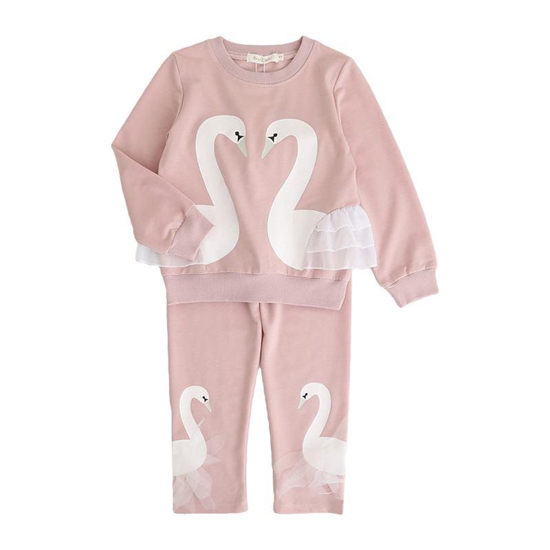 Girls Cute Swan Printed Long Sleeves Sweatshirts And Pants 2 Pcs Set