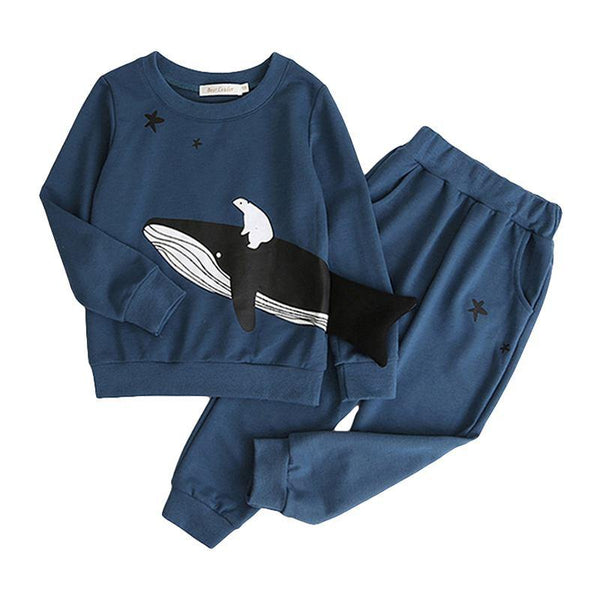 2 Pcs Set Unisex Whale Printed Round Neck Tops And Pants