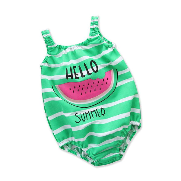Girls Cute Green Stripes Watermelon Printed Sleeveless One Piece Swimwear