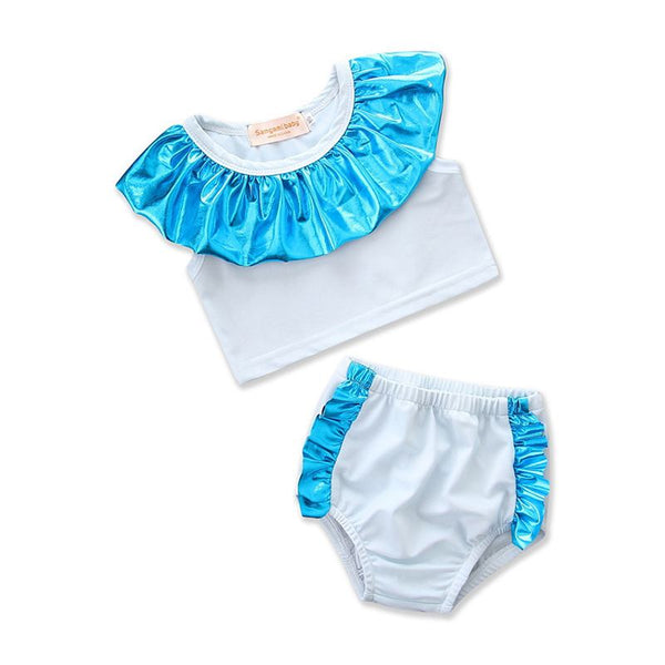 Girls Patchwork Plain Flounce Bikini Set