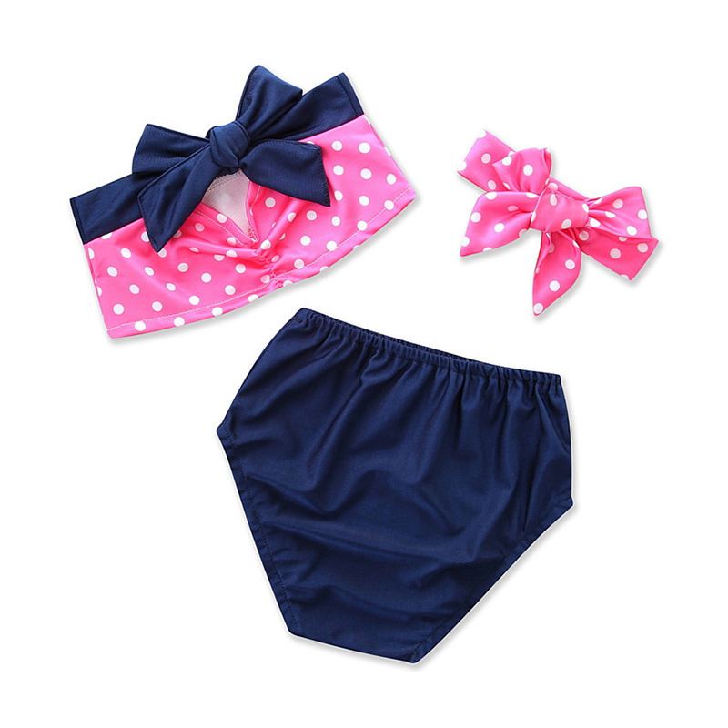 Girls Patchwork Dot Printed Bow Design Bikini Set With Headband