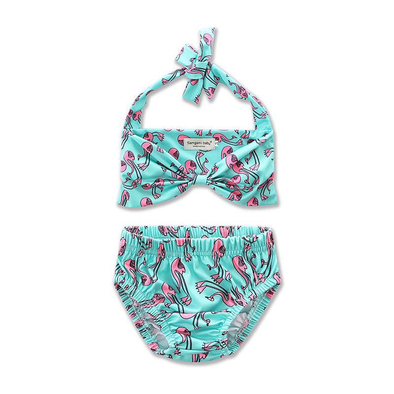 Cute Girls Flamingo Printed Halter Bikini Set