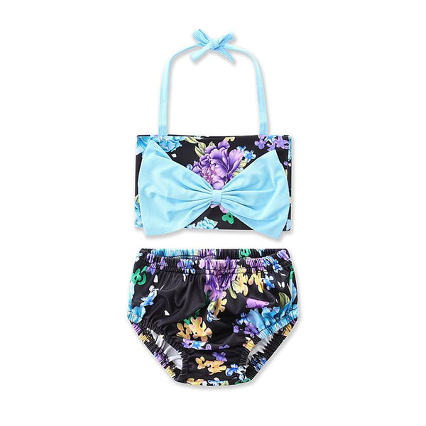 Girls Blue Bow Design Floral Printed Bikini Set